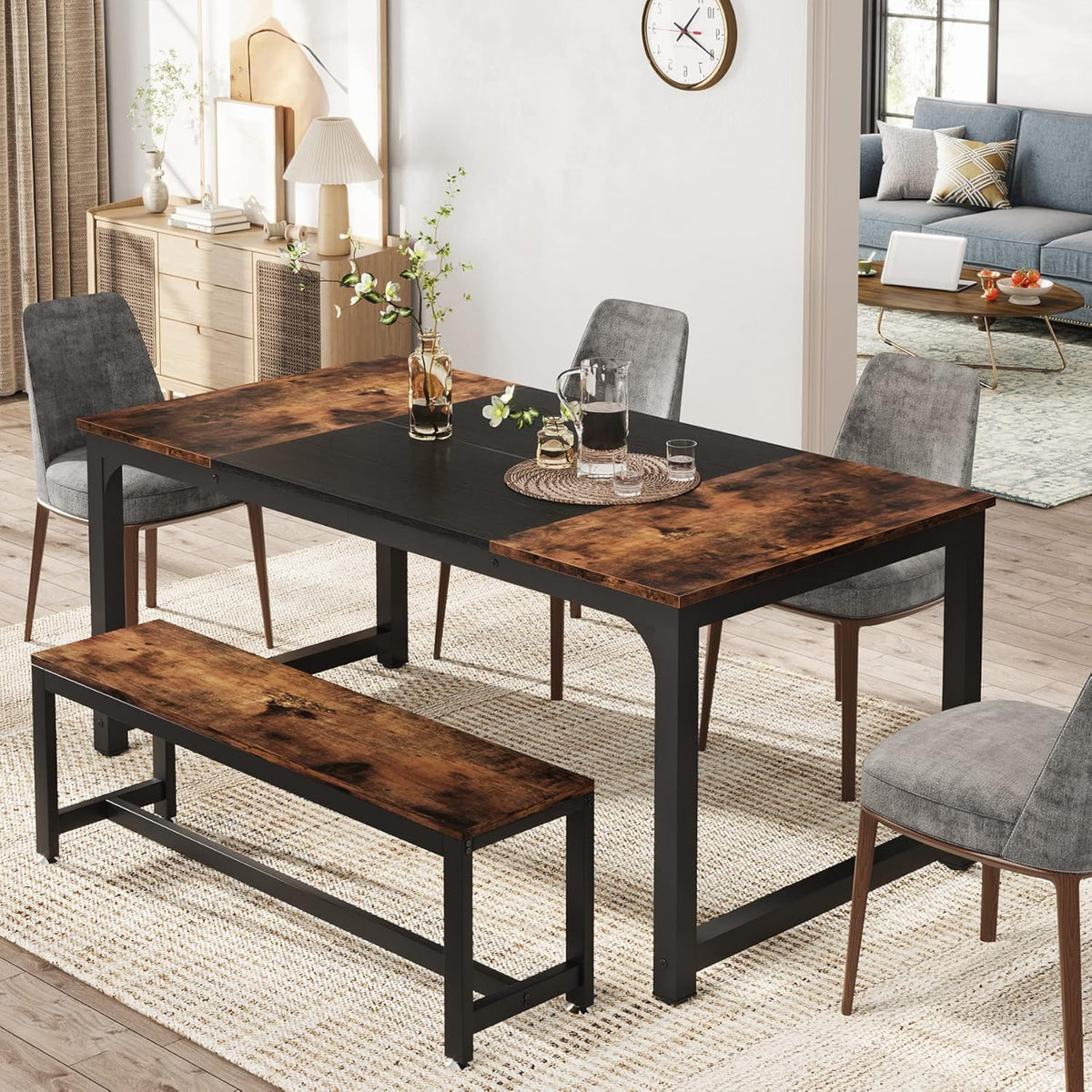 Tribesigns Dining Table 160x80cm for 4-6 People, Rectangular Industrial Kitchen Table with Robust Metal Legs, Large Dining Room Table for Kitchen and Living Room (Rustic Brown) - QUORE