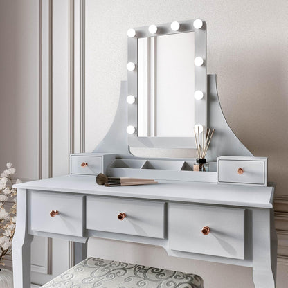 Grey Dressing Table with Hollywood Lamps Mirror Drawers and Padded Stool Set - QUORE