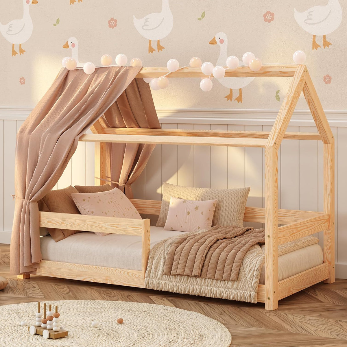 smartwood Solid Wood House Bed 90x200 - Children's Bed in Natural with Fall Protection & Slatted Base up to 230 kg - Scandinavian Design - for Boys & Girls - Easy Assembly - MILO - QUORE