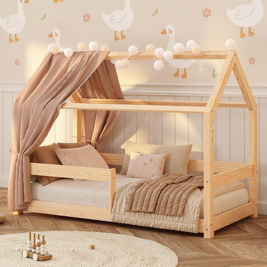 smartwood Solid Wood House Bed 90x200 - Children's Bed in Natural with Fall Protection & Slatted Base up to 230 kg - Scandinavian Design - for Boys & Girls - Easy Assembly - MILO - QUORE