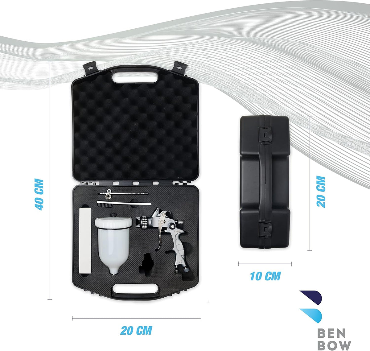 BenBow Verfpistool in koffer 1,4 + 1,8 mm, 2 sproeiers, PK60 HVLP professionele kwaliteit spuitfles met emmer 600 ml, zwaartekrachtpistool, oplosmiddelverf, basis en primer