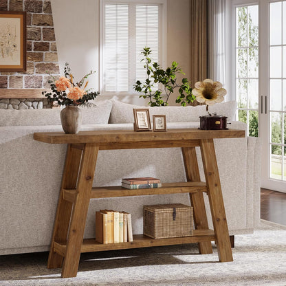 Solid Wood Console Table, 120 cm Long Country Entrance Table with 3-Stage Shelves, Rectangular Sofa Tables Behind Sofa, Narrow Accent Tables for Hallway, Entrance, Foyer, Living Room (Brown)