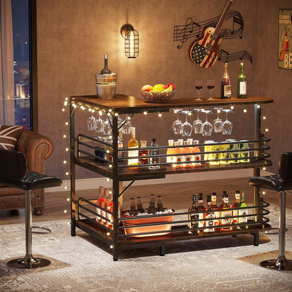 Tribesigns Bar Table, L Shape, Bistro Table, Spirits, 3 Levels, with Bottle Rack and Cup Holder, Kitchen Table, Corner Table for Living Room, Kitchen, Brown, Rustic