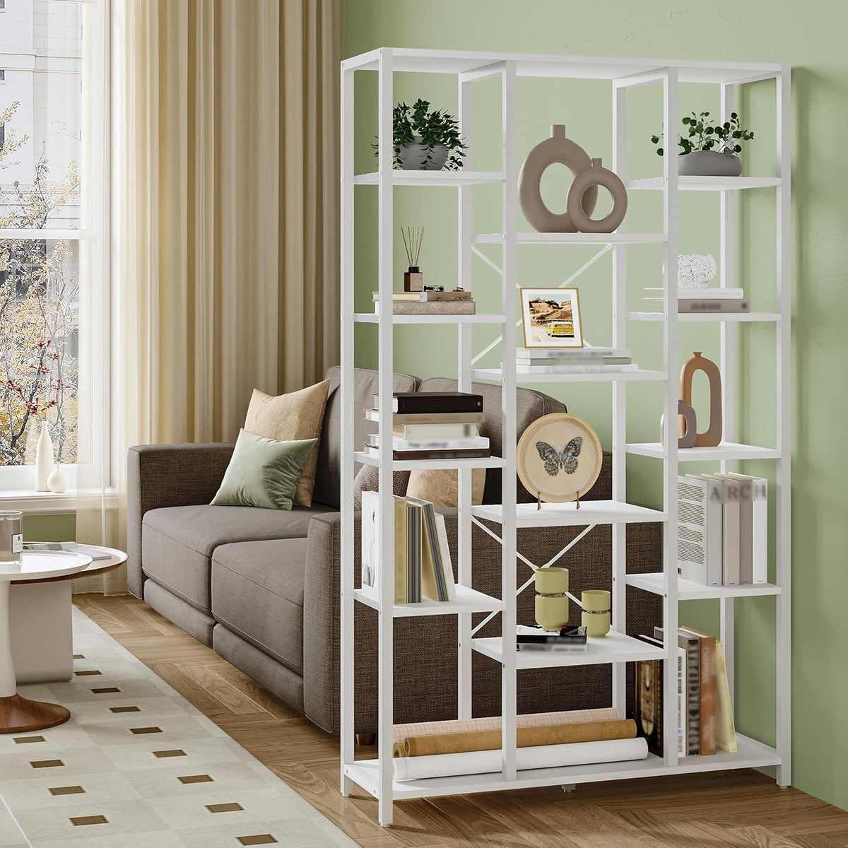 Hzuaneri Bookcase, 6 Tier Standing Shelf, 15 Shelves, Adjustable Open Shelves, for Living Room, Office, Bedroom, 30 x 100 x 170 cm, White, BC15013W