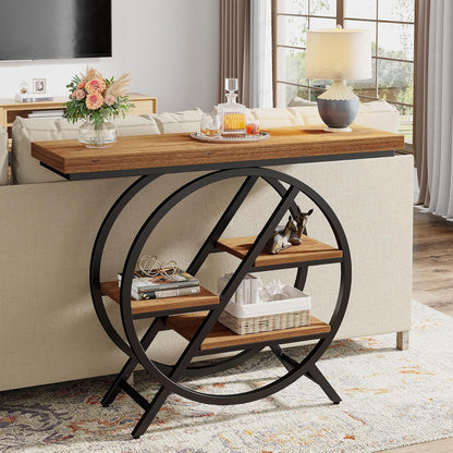 Tribesigns Console Table, 100cm Entrance Table with Thickened Tabletop, 4 Tier Industrial Narrow Hallway Sofa Table with Geometric Metal Frame for Living Room, Entrance (Light Brown)
