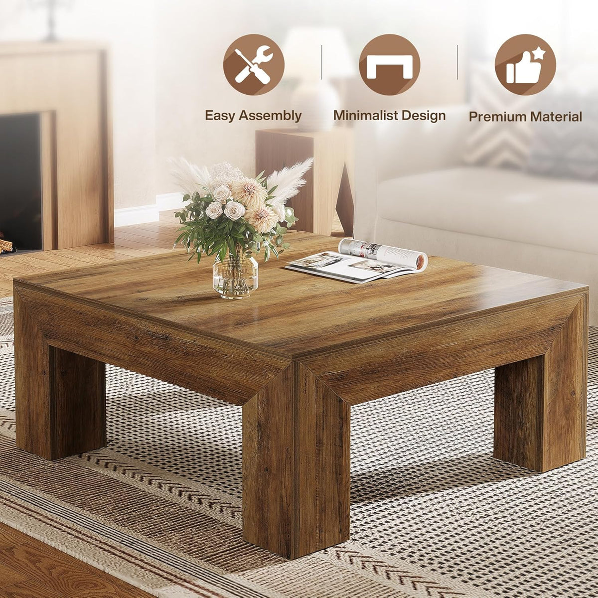 Tribesigns Coffee Table, Square Living Room Table, Coffee Table with Stable Wooden Legs for Sofa, Bedroom, 100 x 100 x 50 cm, Rustic Brown