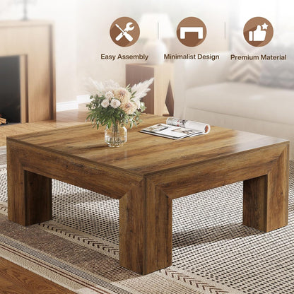 Tribesigns Coffee Table, Square Living Room Table, Coffee Table with Stable Wooden Legs for Sofa, Bedroom, 100 x 100 x 50 cm, Rustic Brown