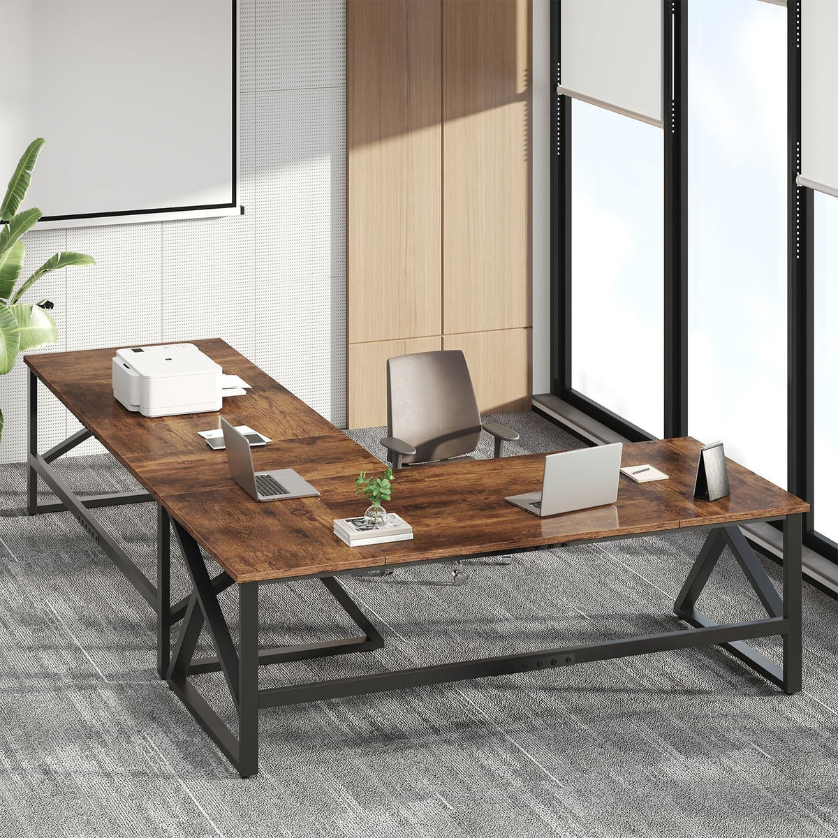 IBF Bureau in bruin-bruine kleur met een lengte van 70 inch, industrieel groot dubbel bureau van metaal en hout voor computer, lange bureautafel voor thuis 180 cm