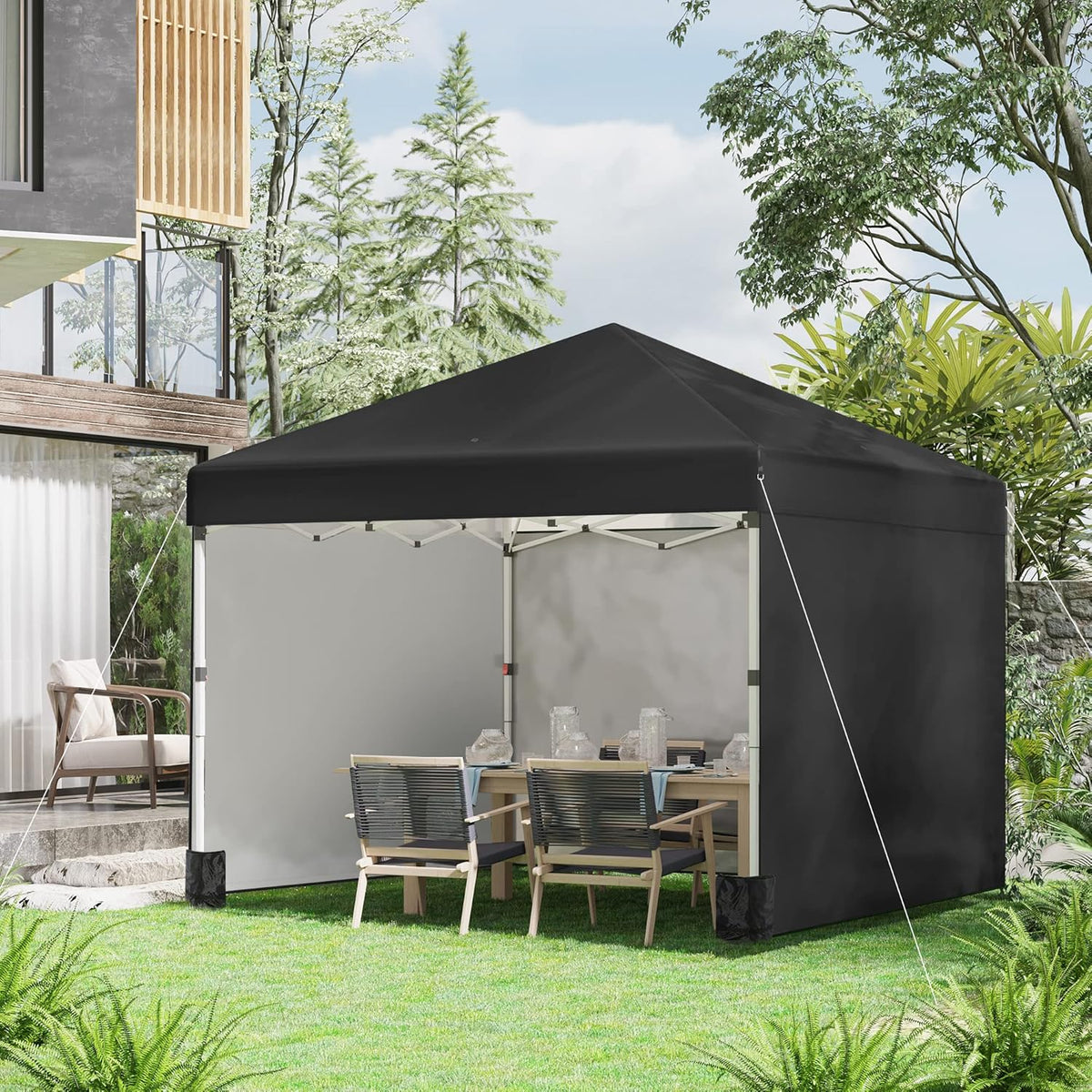 Outsunny 3 x 3 (M) pop-up paviljoen met 3 zijwanden, beengewichtzakken en tas op wielen, in hoogte verstelbare partytent, evenementenonderdak voor tuin, terras, zwart