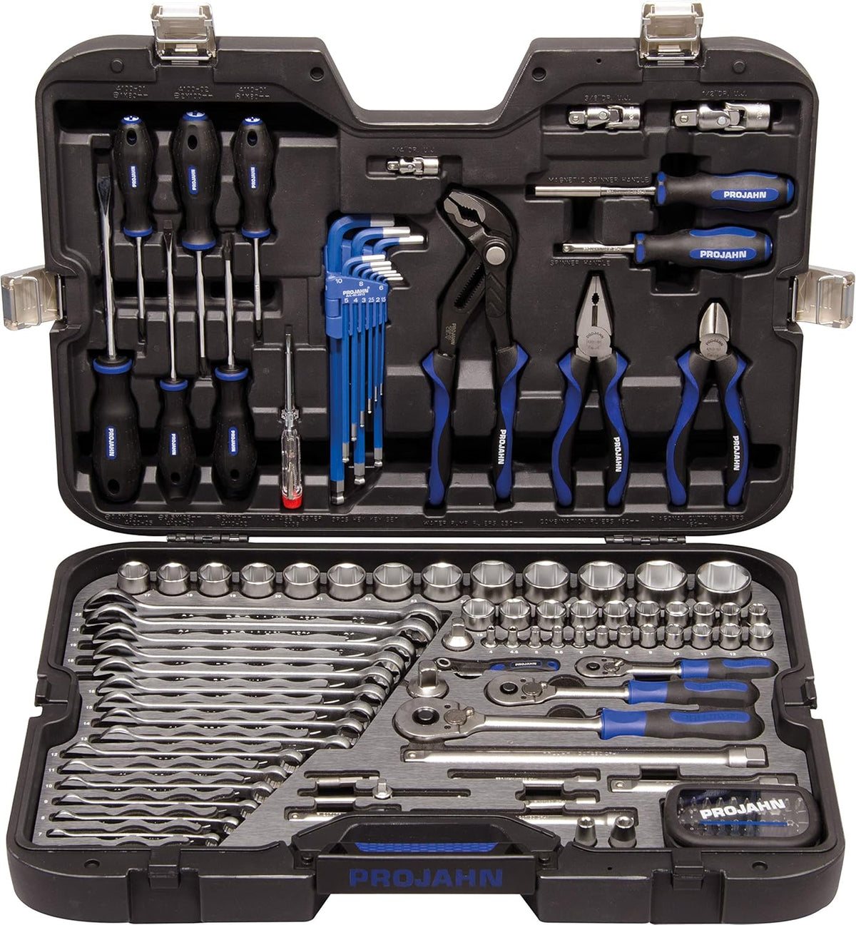 Projahn 39048201 industriële gereedschapskoffer, universeel, metrisch, 122-delig, uitgebreide assortiment, overzichtelijke indeling, premium look, ergonomisch kofferdesign
