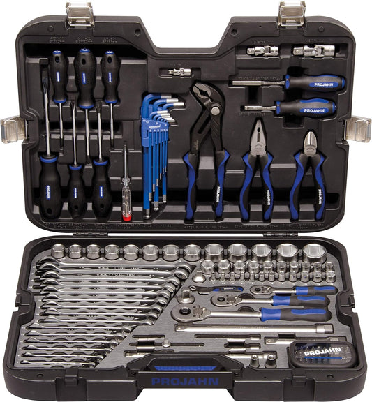 Projahn 39048201 industriële gereedschapskoffer, universeel, metrisch, 122-delig, uitgebreide assortiment, overzichtelijke indeling, premium look, ergonomisch kofferdesign