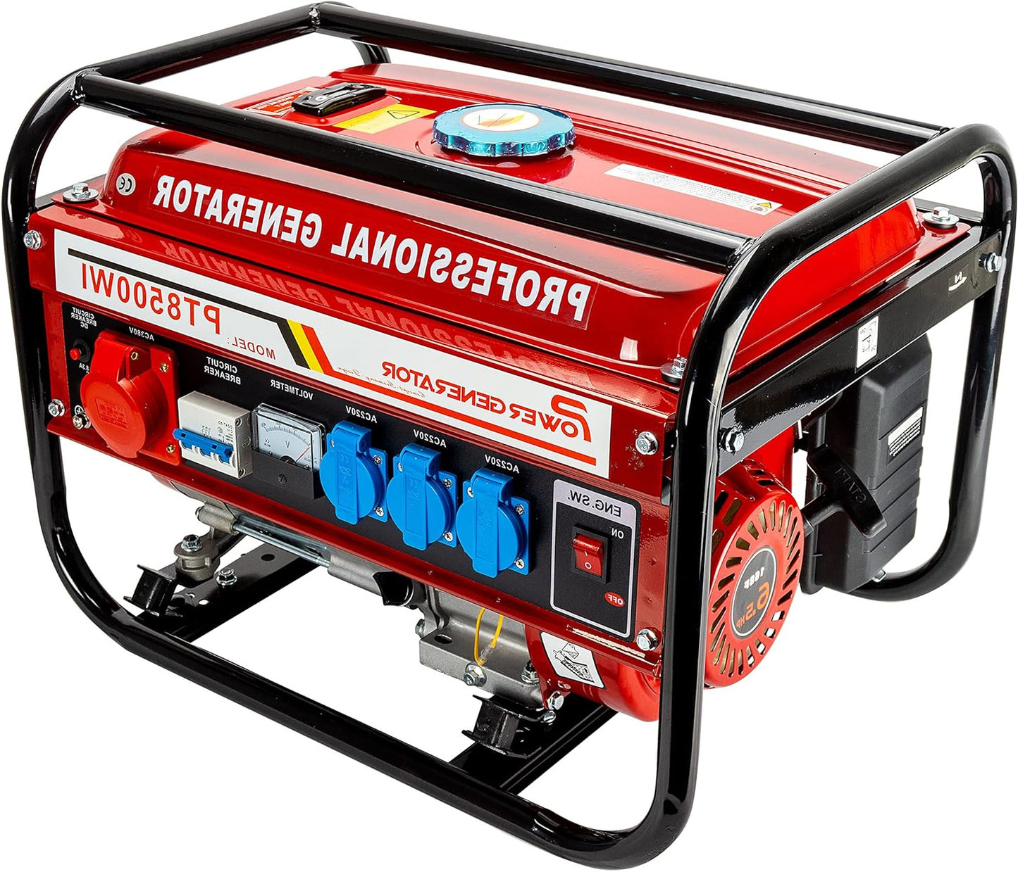 Petrol power generator, power generator with accessories, silent emergency generator, 5 sockets, 3 x 230 V, 1 x 400 V, 1 x 12 V, 6.5 hp (power generator with pull starter) - QUORE