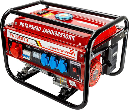 Petrol power generator, power generator with accessories, silent emergency generator, 5 sockets, 3 x 230 V, 1 x 400 V, 1 x 12 V, 6.5 hp (power generator with pull starter) - QUORE