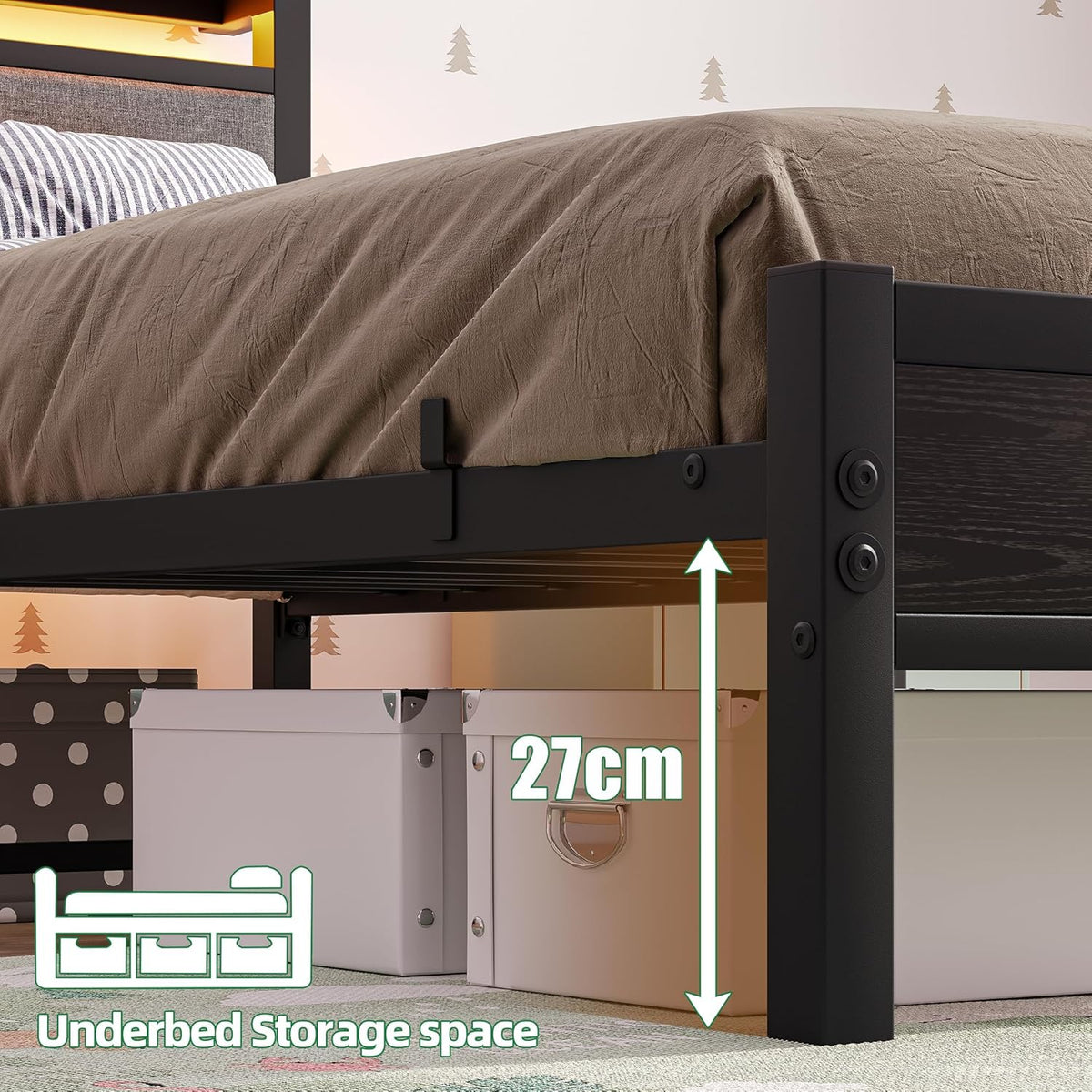 Gestoffeerd bedframe 90 x 200 cm, bedframe met led en laadstation, metalen bed met hoofdeinde, modern logeerbed, tienerbed, metalen eenpersoonsbed met lattenbodem, voor slaapkamer, zwart