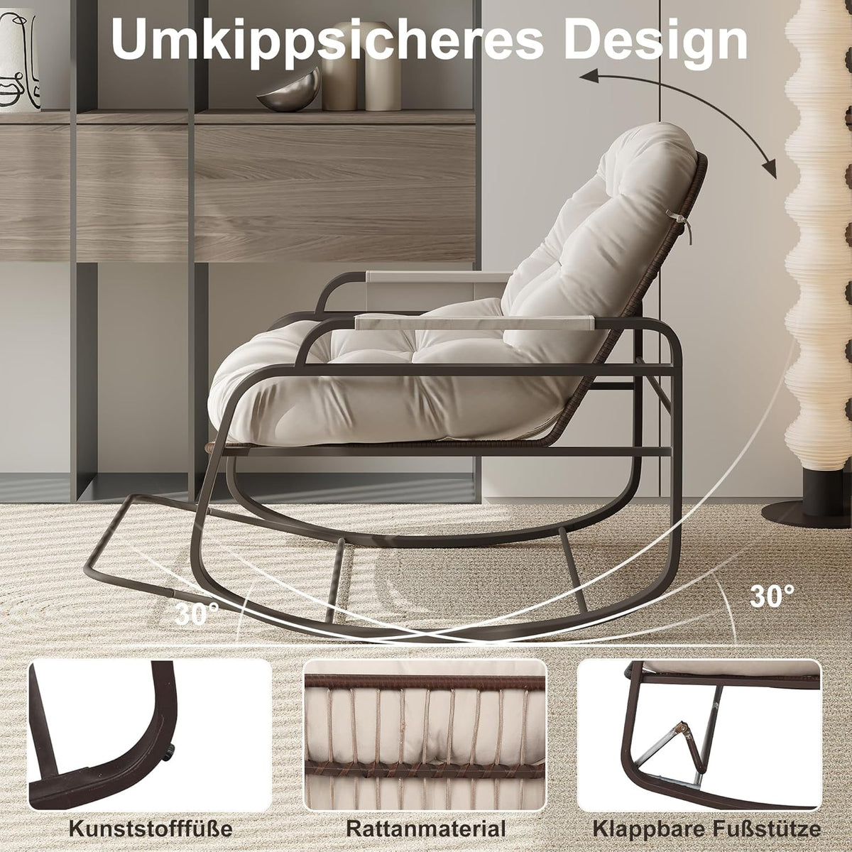 Rattan Schommelstoel – Schommelstoel Buiten – Schommelstoel Binnen – Relaxstoel – Lounge Stoel – Brede Design Schommelstoel – Inklapbare Voetensteun – Stevig Stalen Frame