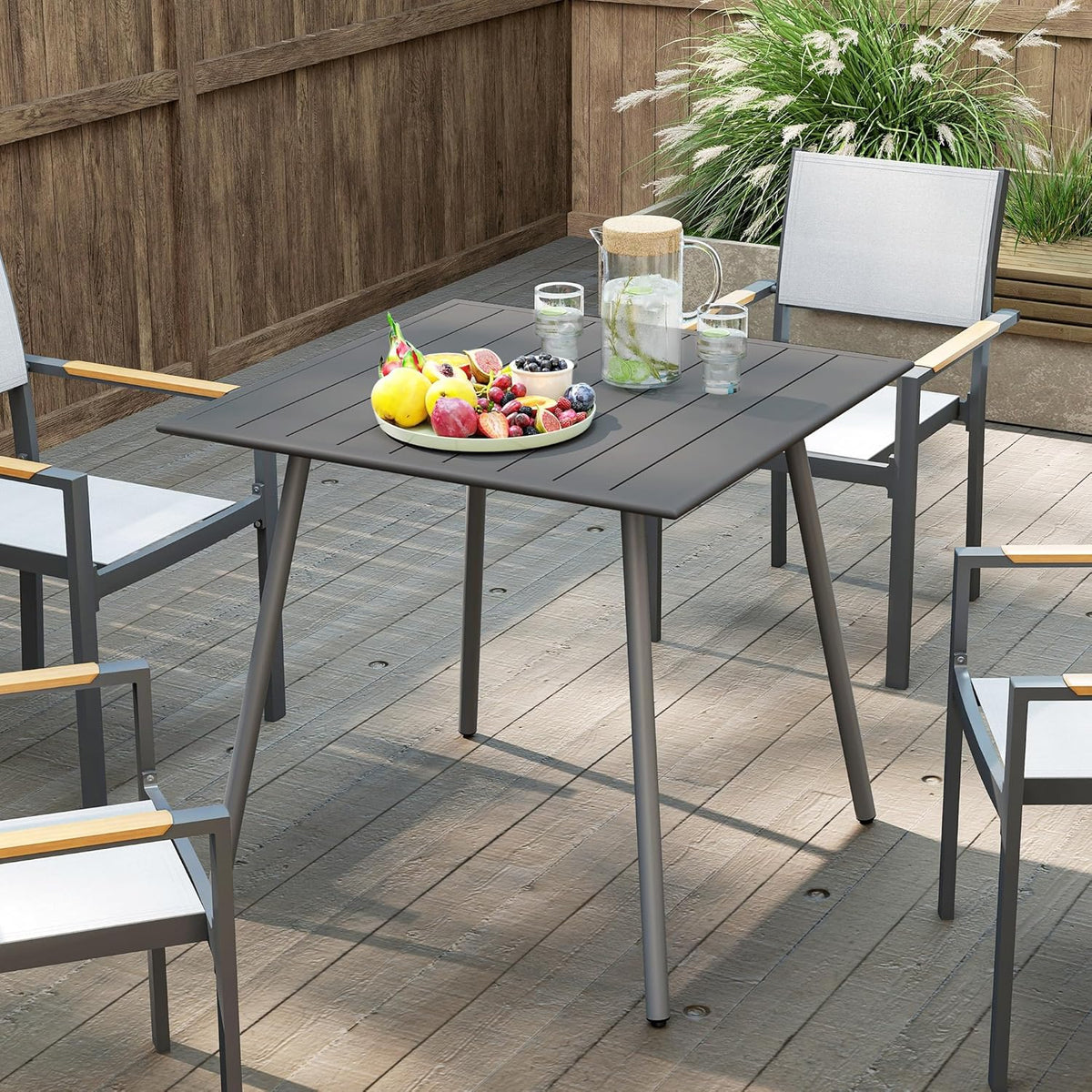 Outsunny Gartentisch Stahl 80 x 80 x 74 cm Wetterfest Buffettisch mit Stahlrahmen, rutschfest Campingtisch 6 Persons Balcony Terrassentisch Outdoor Esstisch für Garten, Terrasse, Balcony, Grau