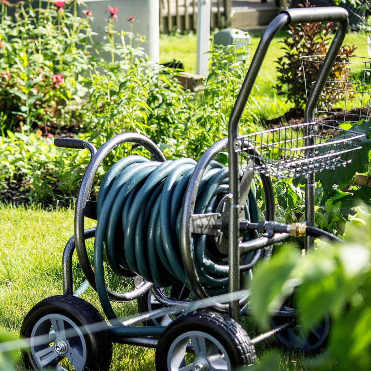 Slanghaspel Met Wielen – Slangenkar – Tuinslanghouder – Slangcaddie – Tuinslanghaspel – 250 Ft Capaciteit – Robuuste Hammertone Metalen Afwerking
