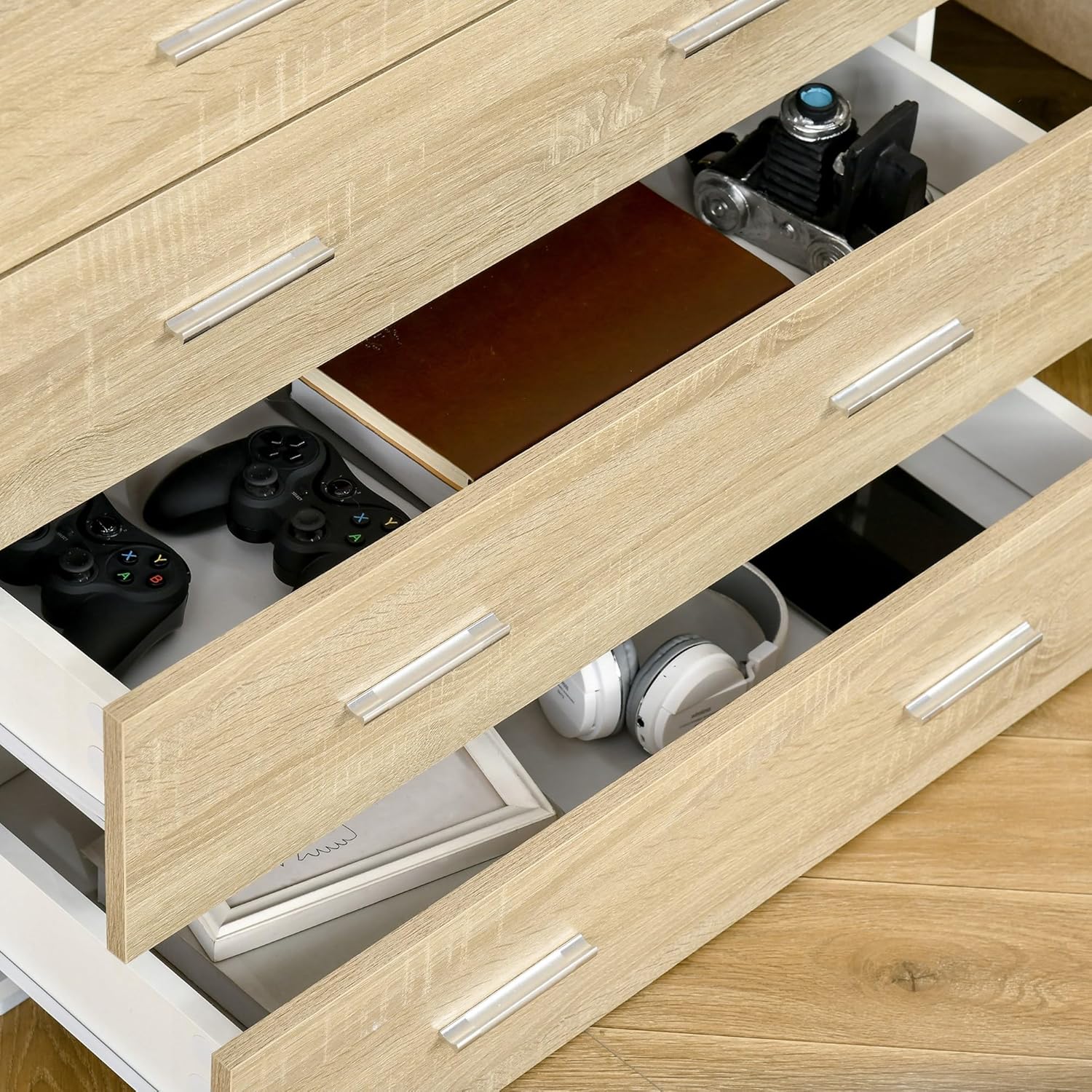 HOMCOM Chest of Drawers with 4 Drawers Bathroom Cabinet Chest of Drawers for Bedroom Living Room Oak White 76 x 35 x 72 cm - QUORE