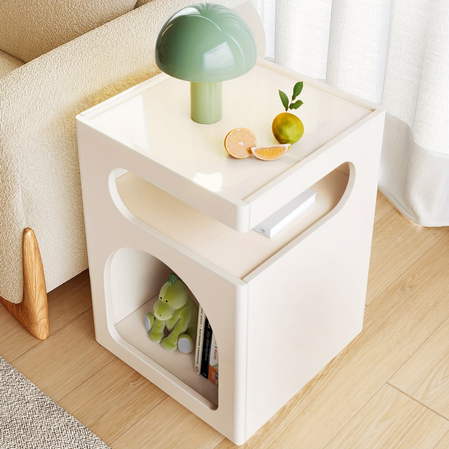 Bijzettafel – Bijzettafeltje – Salontafel – Nachtkastje – Banktafel – Compact Formaat – Hardhouten MDF Blad – Milky White – Open Opbergruimte – Eenvoudige Montage