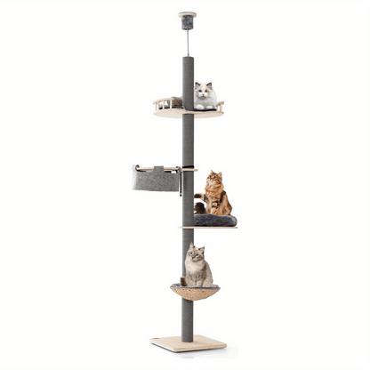 Kattenboom – Krabpaal – Kattentoren – Krabpaal Voor Katten – Kattenhuis – Verstelbare Hoogte 236-271 cm – Stevige Plywood Constructie