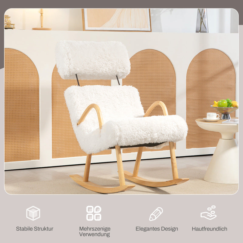 Schommelstoel – Relaxstoel – Rocking Chair – Lounge Stoel – Schommelstoel Wit – Zachte Fleece Bekleding – Stevig Houten Frame – Verstelbare Hoofdsteun – Max 120 kg