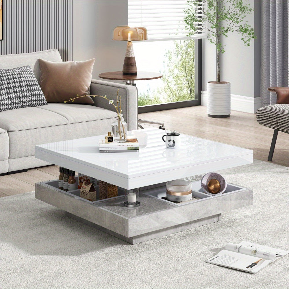 Sofa Tafel – Salontafel – Bijzettafel – Banktafel – Woonkamer Tafel – 360° Draaibaar Bovenblad – Wit Marmer MDF – Dubbel Laags – Uitbreidbaar Art Deco Design