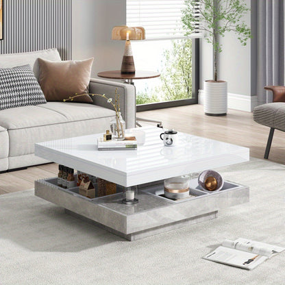 Sofa Tafel – Salontafel – Bijzettafel – Banktafel – Woonkamer Tafel – 360° Draaibaar Bovenblad – Wit Marmer MDF – Dubbel Laags – Uitbreidbaar Art Deco Design