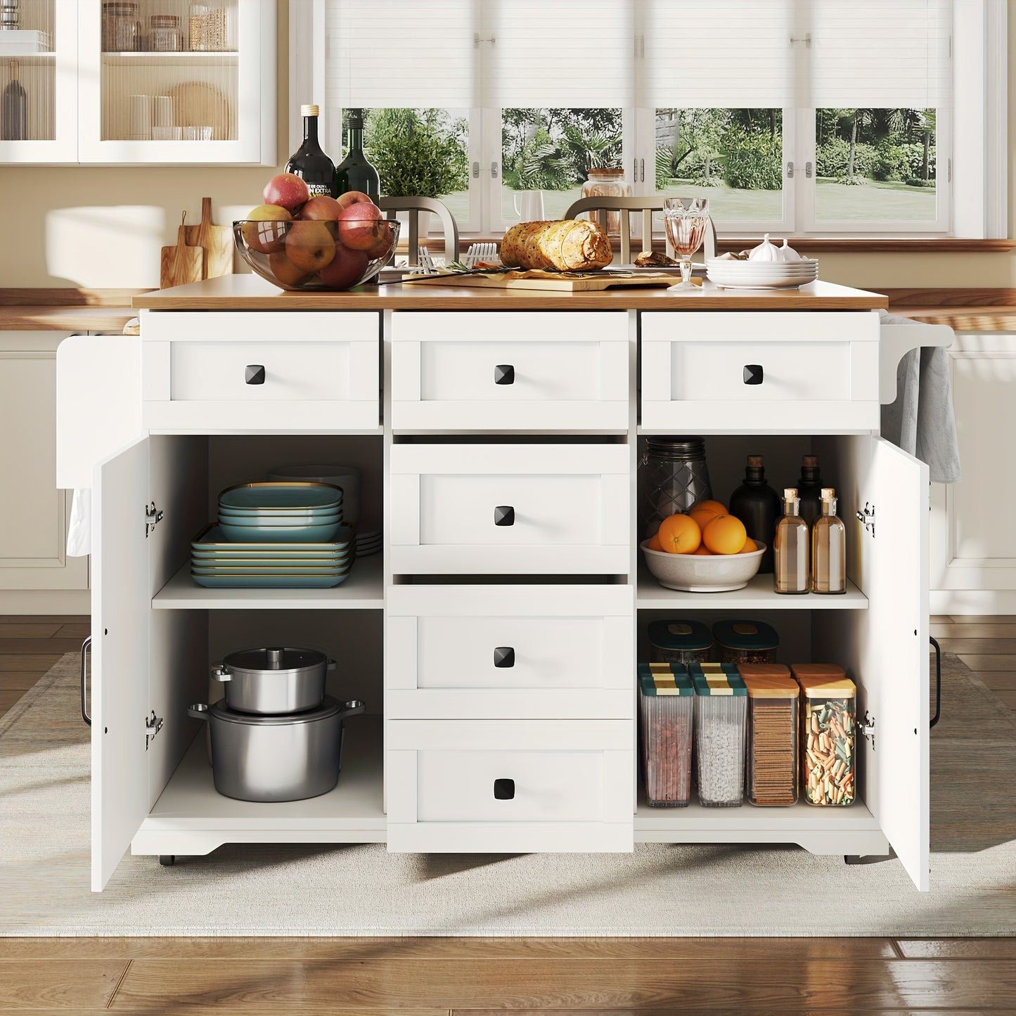 Multifunctional Kitchen Island with Mobile Storage Cabinet & Buffet - & Classic Design, Freestanding Floor Cabinet with Spacious Countertop, Ample Storage Space, No Electrical Required for Dining Room & Living Room, Durable M