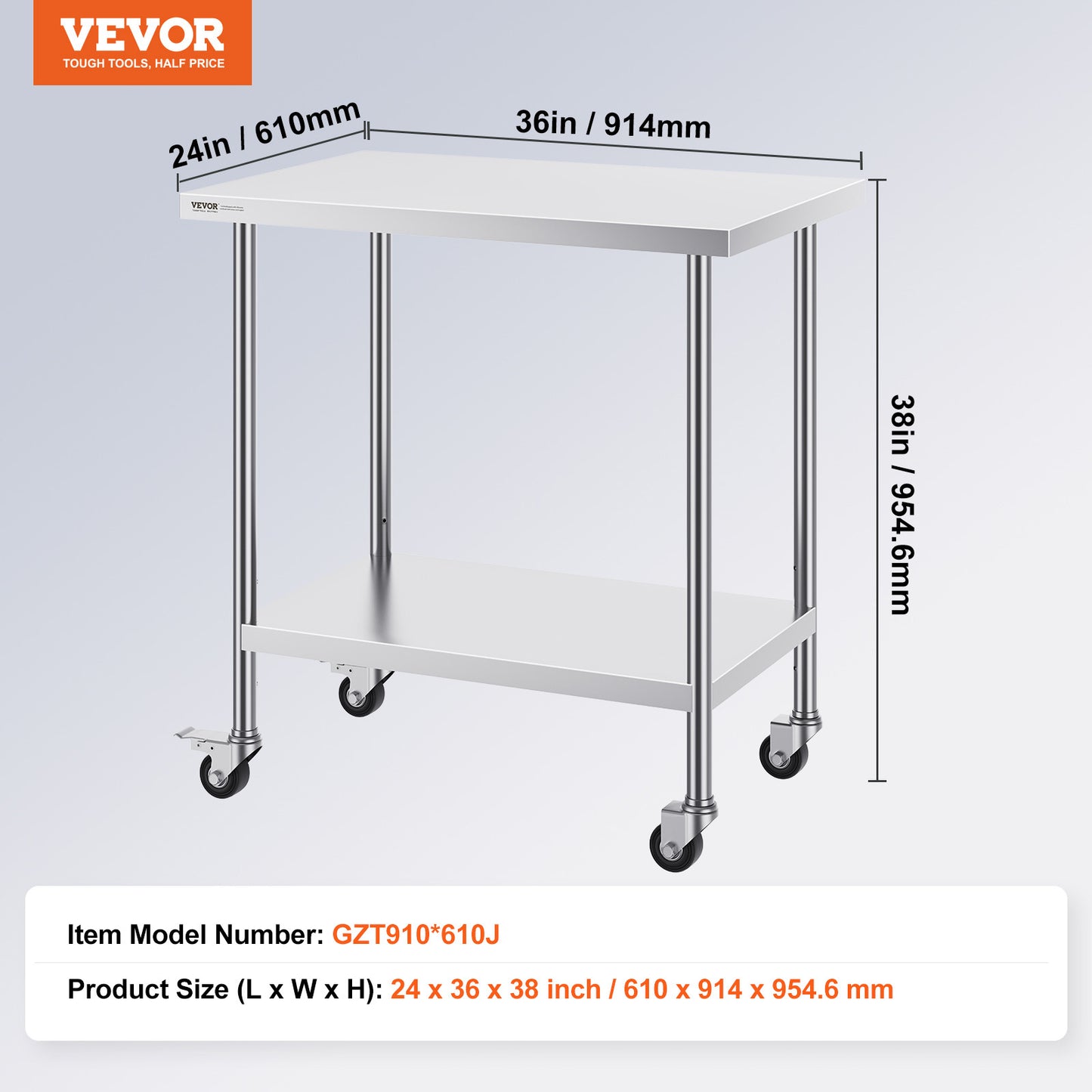 VEVOR Stainless Steel Work Table Commercial Prep Table 24x36 Inch With 4 Casters