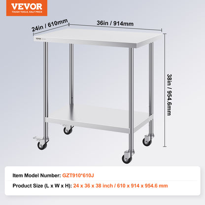 VEVOR Stainless Steel Work Table Commercial Prep Table 24x36 Inch With 4 Casters