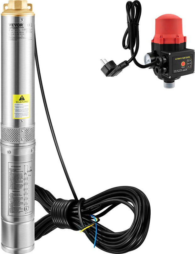 Diepe Bronpomp - Maximale Opvoerhoogte van 62 m - Stroom 105L/min - 750W - 50Hz - IP68 - met Externe Schakelkast en 20 m Stroomkabel - Terugslagklep en Filter - Voor Regentonnen - Reservoirs - Kanalen - Rivieren