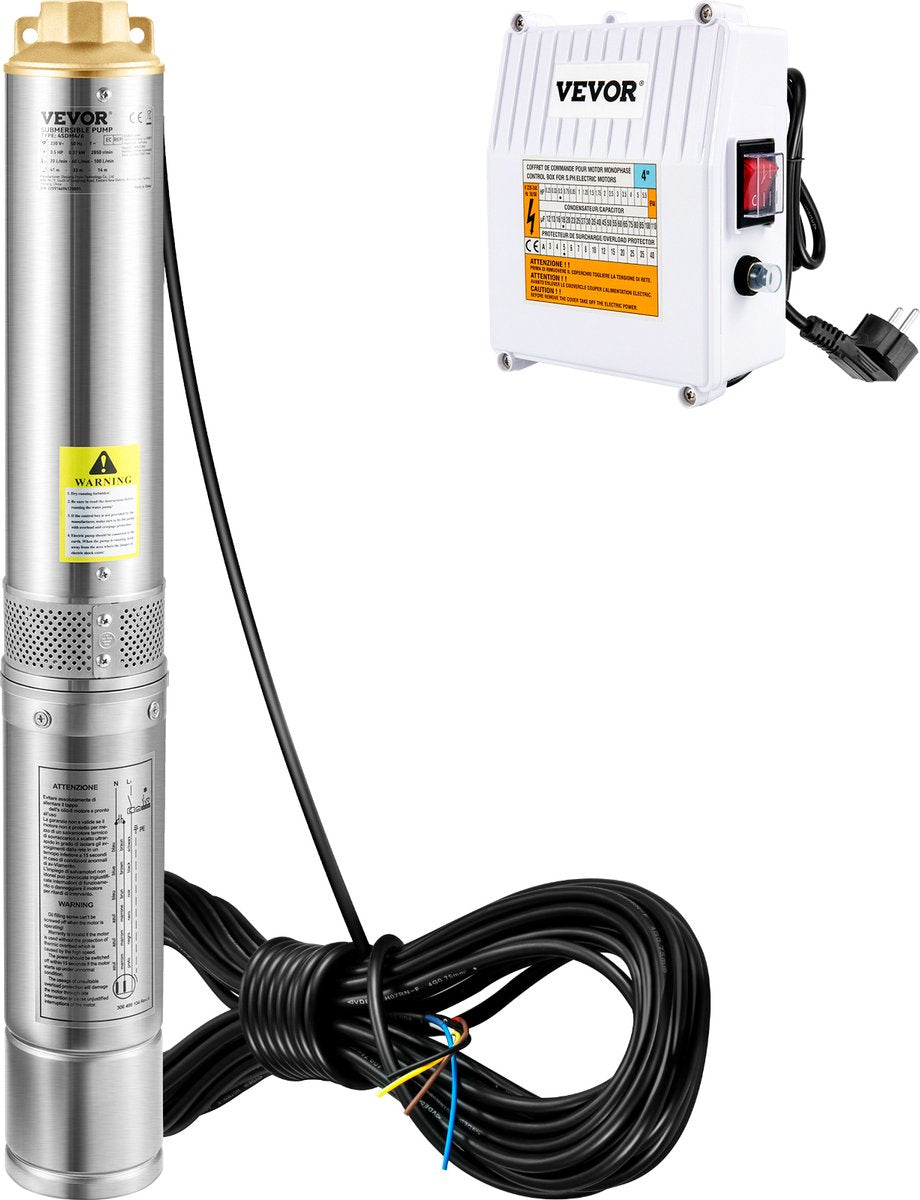 Diepe Bronpomp - Stroom 110L/min - 370W - Maximale Opvoerhoogte van 44 m - met Externe Schakelkast en 20 m Stroomkabel - met Terugslagklep en Filter - IP68 - Voor Regentonnen  Reservoirs - Kanalen - Rivieren - Zilver