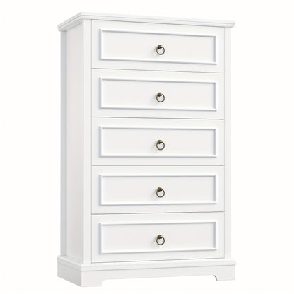 Hoge Ladekast – Commode – Kasten – Opbergkast – Dressoir – Wit Met Houten Nerf – 5 Ruime Lades – Compact En Stevig