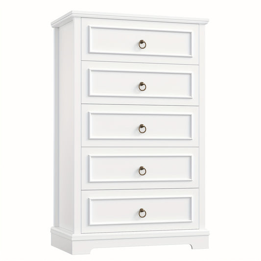 Hoge Ladekast – Commode – Kasten – Opbergkast – Dressoir – Wit Met Houten Nerf – 5 Ruime Lades – Compact En Stevig