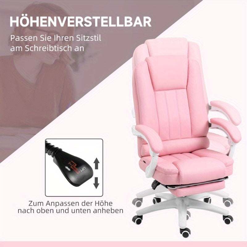 Ergonomische Bureaustoel – Gamingstoel – Desk Chair – Werkstoel – Computerstoel – Verstelbare Zithoogte – Uitschuifbare Voetensteun – Roze Kunstleer – Met Metalen Frame