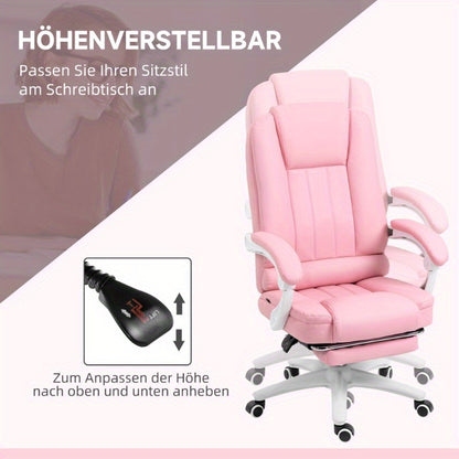Ergonomische Bureaustoel – Gamingstoel – Desk Chair – Werkstoel – Computerstoel – Verstelbare Zithoogte – Uitschuifbare Voetensteun – Roze Kunstleer – Met Metalen Frame