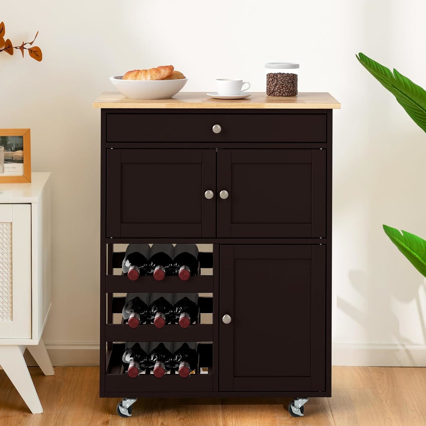 Keukentrolley – Keukenkast – Serveerwagen – Opbergtrolley – Rolwagen – MDF Hout – Wieltjes Met Rem – Compact Mobiel Organiseerbaar