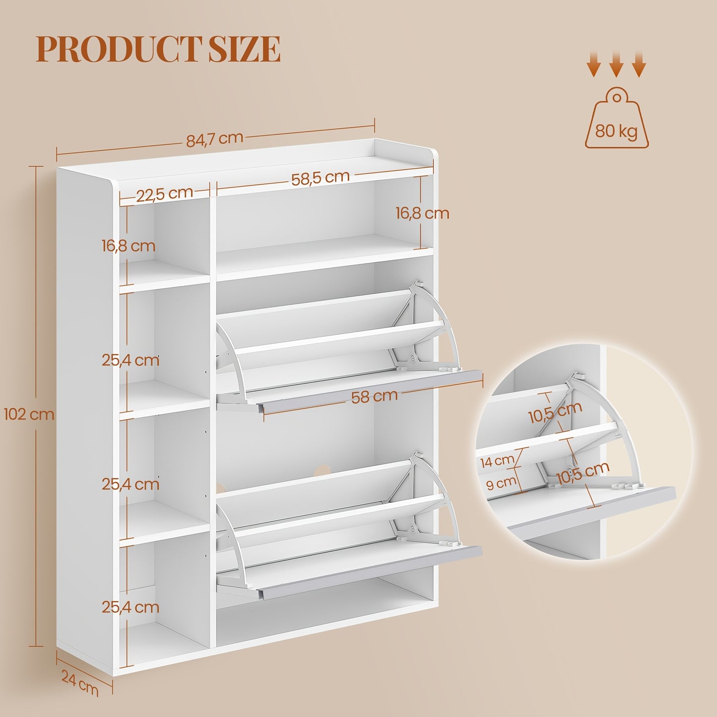 Narrow Shoe Cabinet with 2 Doors, Narrow Shoe Chest with 5 Open Compartments, Adjustable, Shoe Rack for 8-12 Pairs Of Shoes, for Hallways, Entrances, 84.7 X 24 X 102cm, White - QUORE