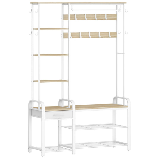 Kapstok – Kledingrek – Schoenenrek – Garderobe – Halmeubel – 5-in-1 Multifunctioneel – 17 Haken & 3-Vaks Schoenenbank – Golden Oak Wit
