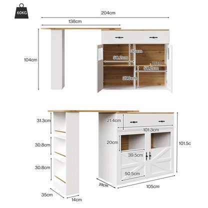 Barkast – Wijnrek – Barmeubel – Keukentrolley – Drankkast – Uitschuifbaar 138-204 cm – 360° Draaibaar Blad