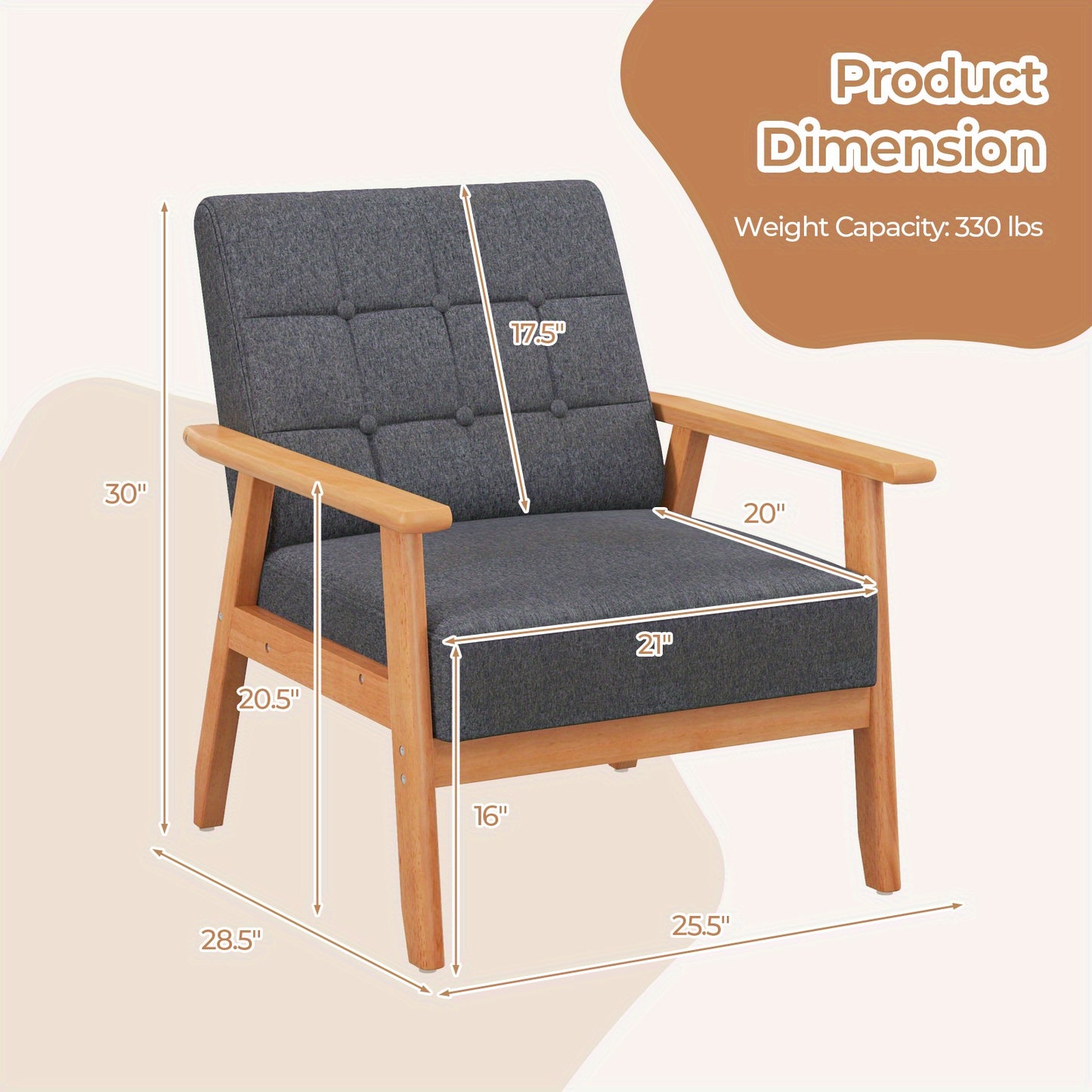 Fauteuil – Accentstoel – Leunstoel – Loungestoel – Armstoel – Mid-Century Modern Design – Ademend Linnen – Stevig Rubberhouten Frame – Grijs – Draagkracht 150 kg