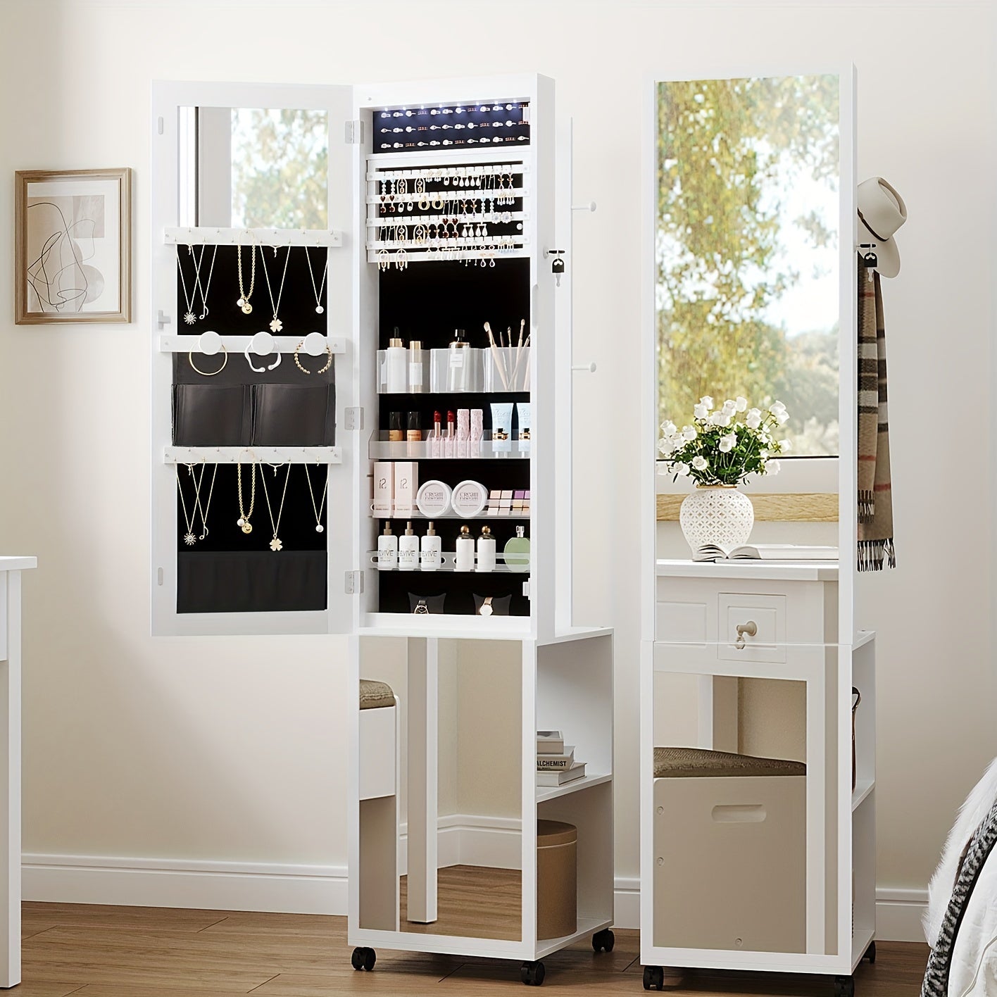 Sieradenkast – Sieraden Organizer – Sieradenrek – Make-up Opbergkast – Accessoireskast – Met 5-in-1 Functie – Afsluitbare Spiegelkast Met LED-Verlichting – 164,6 cm Hoog – Witte MDF Met Wieltjes