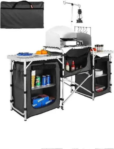 Campingkeuken - Buitenkeuken - Inklapbaar - 174x110x46cm - Campingkast - Incl. Opbergtas - Buitenkooktafel met opbergtas - Aluminium kookstation met 3 kasten - Afneembaar windscherm