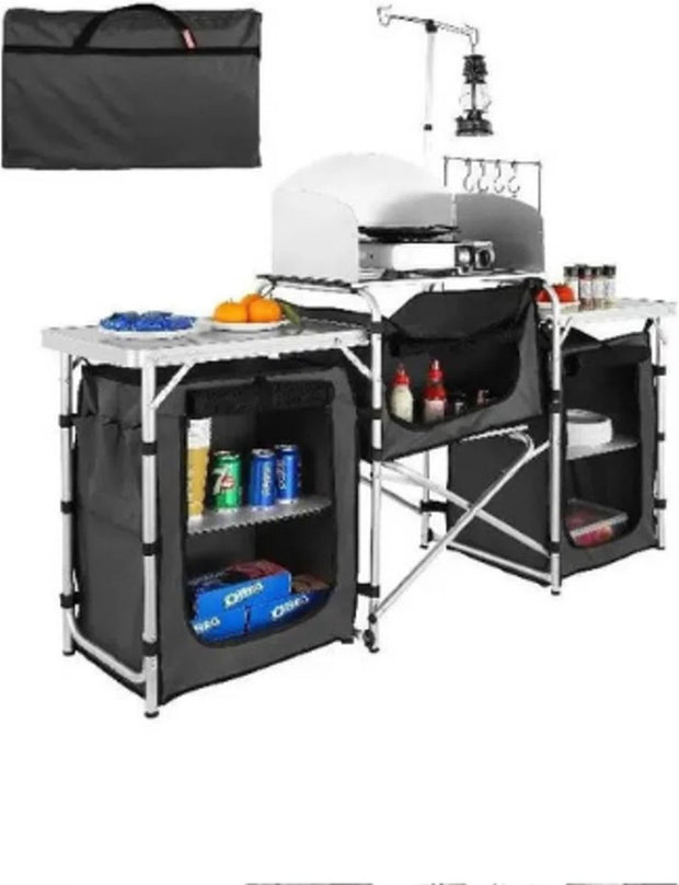 Campingkeuken - Buitenkeuken - Inklapbaar - 174x110x46cm - Campingkast - Incl. Opbergtas - Buitenkooktafel met opbergtas - Aluminium kookstation met 3 kasten - Afneembaar windscherm