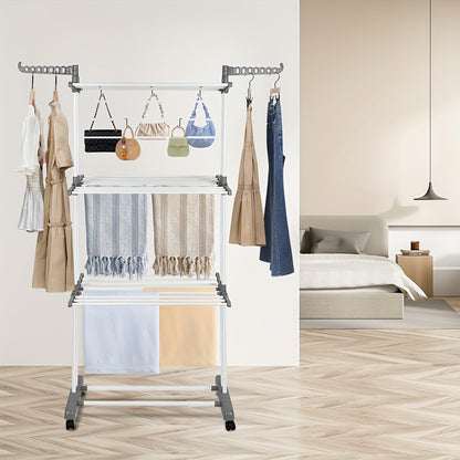 Heavy-Duty Rolling Clothes Drying Rack with Locking Wheels - Extra Long 170cm, Foldable Laundry Organizer with Hanging Rods, Space-Saving Garage, Apartment, Laundry Room Storage - Sturdy Metal Frame, Easy Mobility for Home or