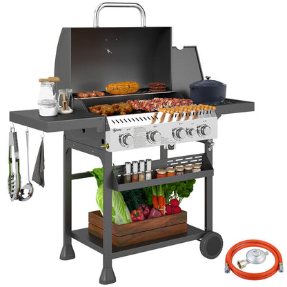 Gasbarbecue – Gas Grill – BBQ Grill – Buitenkeuken – Tafelbarbecue – 4 Hoofdbranders – Zijbrander Met Warmhoudplaat – 135x55x103 cm – Zwart