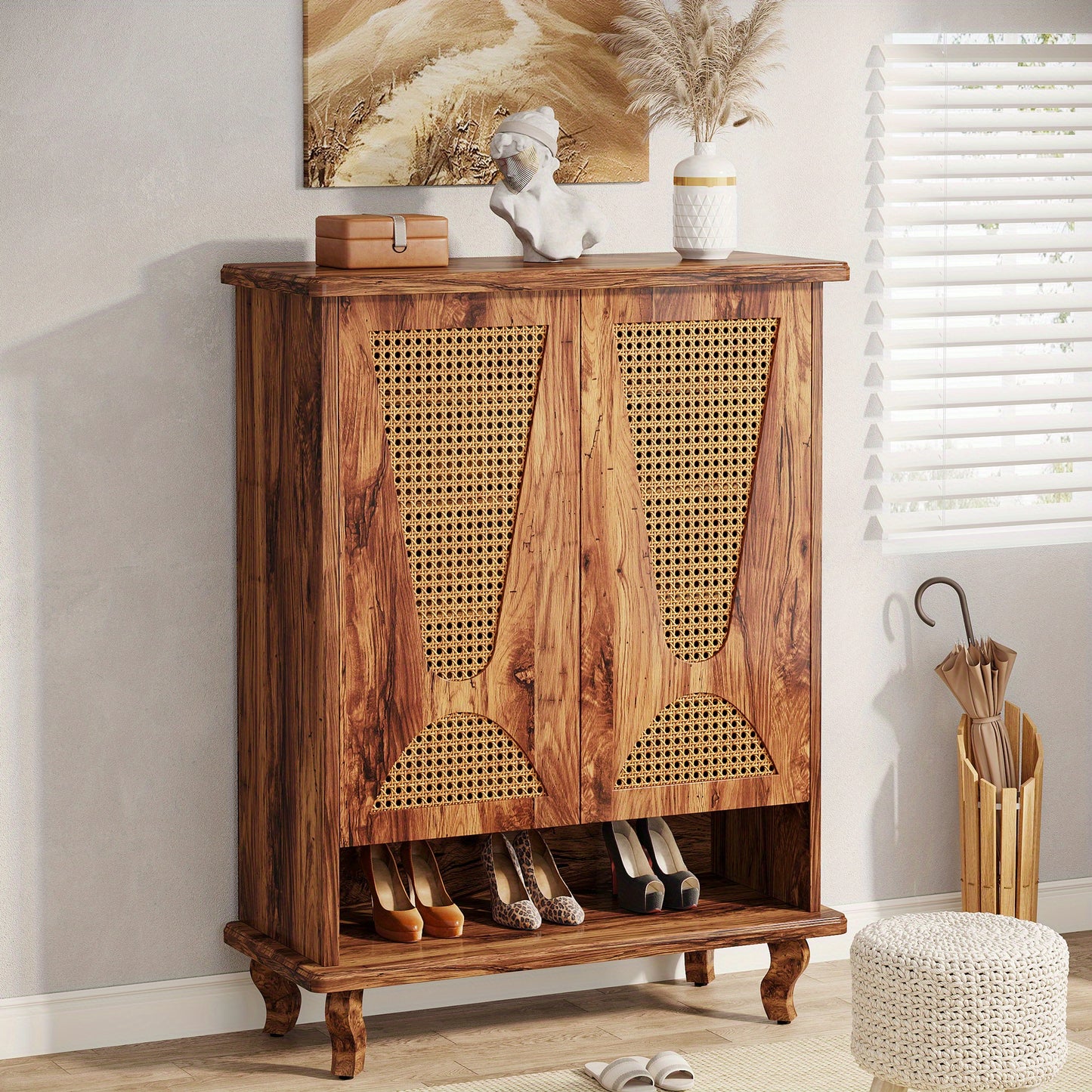 Rattan Schoenenkast – Schoenenrek – Schoenopberger – Schoenenkast – Schoenenplank – Grote 25-Paar Capaciteit – Verstelbare Planken & Ventilerende Deuren – Houtlook