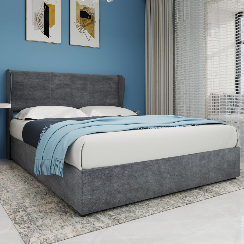 Bed – Ledikant – Slaapbank – Boxspring – Bedframe – Grijs Fluwelen Hoofdbord – Opbergruimte Met Gaslift – 160x200 cm – Modern Minimalistisch – Geen Montage Nodig