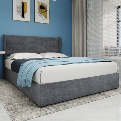 Bed – Ledikant – Slaapbank – Boxspring – Bedframe – Grijs Fluwelen Hoofdbord – Opbergruimte Met Gaslift – 160x200 cm – Modern Minimalistisch – Geen Montage Nodig