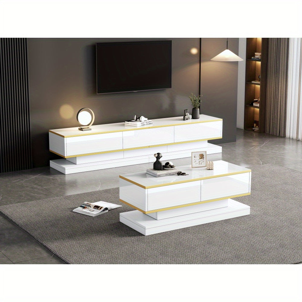 tv-meubel – tv-kast – tv-console – salontafel – woonkamermeubel – Hoogglans Wit Met Gouden Accenten – 3 Laden Tv-meubel & 2 Laden Salontafel